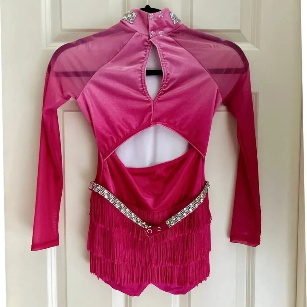 Weissman Pink Velvet Rhinestone Fringe Jazz Dance Costume Girls Medium Child - Picture 7 of 11